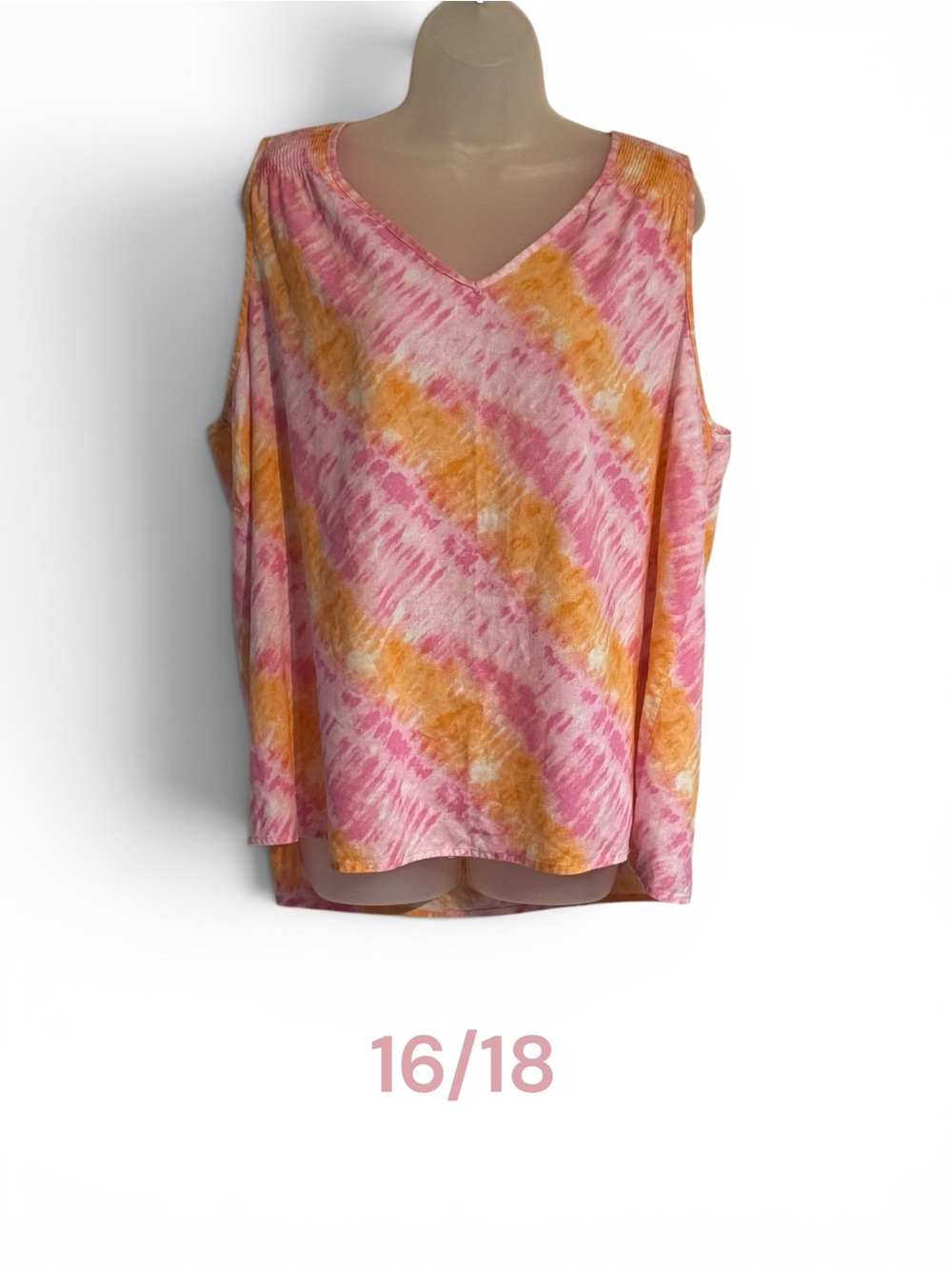Pink Orange Tie-Dye Sleeveless Linen Blend V-Neck Top PLUS: 16/18 #3 - Picture 1 of 8